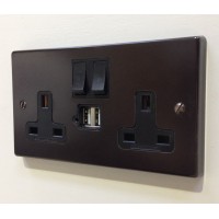 Double 13A Switched Socket with USB inserts - Brown  Square Edge 